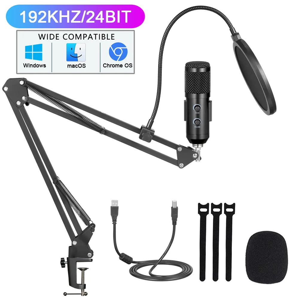 USB Microphone Kit 192KHZ/24BIT Professional Podcast Condenser Mic For Gaming Computer PC YouTube With Adjustable Boom Arm Stand