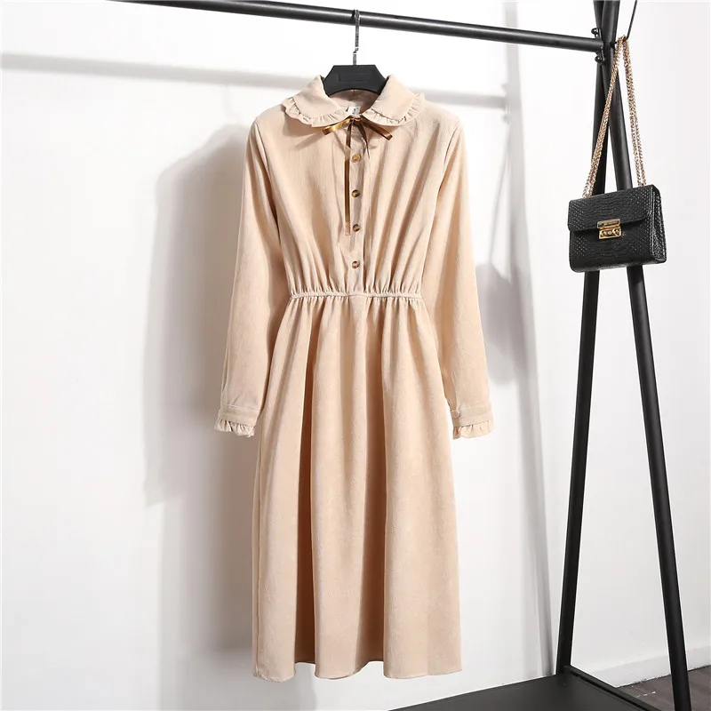 Auumn winter dress women long-sleeved ruffled bow corduroy dress french style vintage elastic waist single-breasted dress female