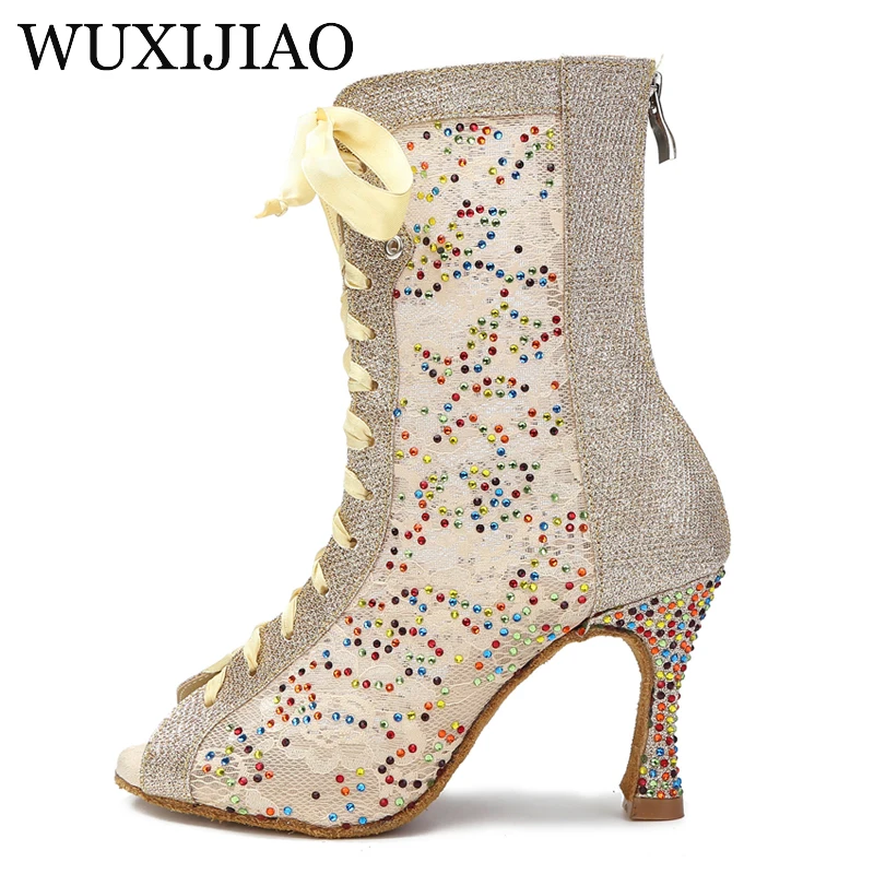 WUXIJIAO dance shoes Latin women's salsa silk satin toe cap dance shoes professional dance shoes ballroom soft sole