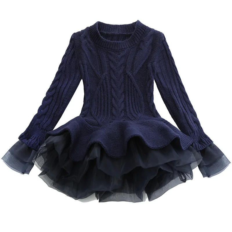 Vestidos/платье-пачка принцессы высокого качества; зимние платья-свитера для девочек; красивый теплый пуловер; вязаная верхняя одежда с кружевом; Размеры 3 T-7 t - Цвет: Черный