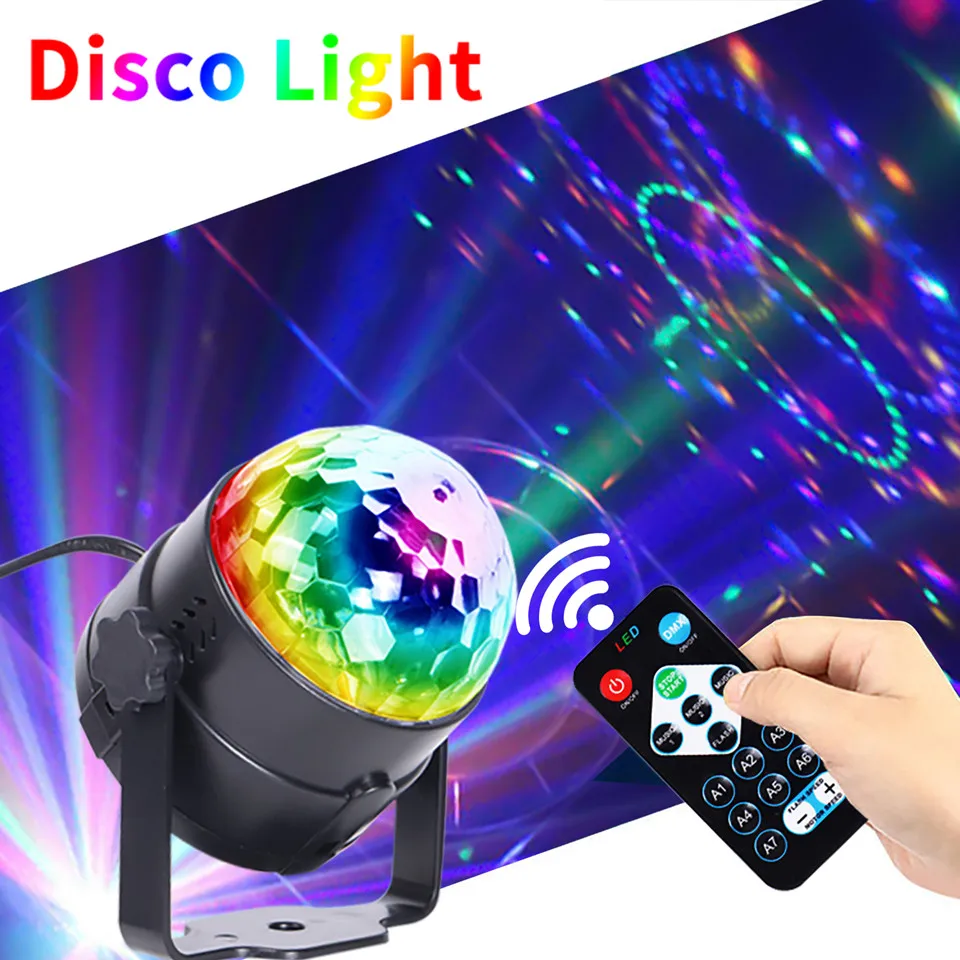 사운드 활성화 회전 디스코 볼 DJ 파티 조명 3W 3 LED RGB LED 무대 조명 크리스마스 웨딩 사운드 파티 조명