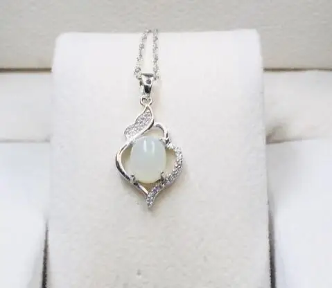 925 Silver Natural White jade pendants simple fine jewelry Zircon for women party Necklace