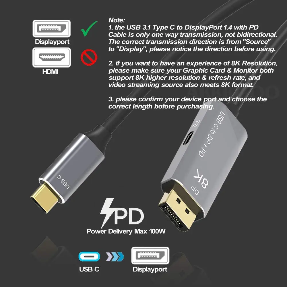 Power Delivery Displayport To Usb C Cable 8K USB C To DisplayPort