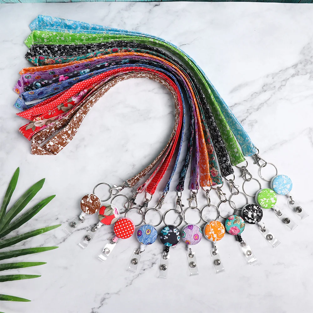 Flower Pattern Fabric Neck ID Card Lanyard Retractable Strap Badge Reel Key Holder Chain Long Phone Pendant Office Supplies | Канцтовары