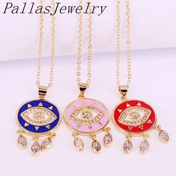 

10Pcs Fashion Women Necklace, CZ Enamel Eye and Cubic Zircon Drop Dangle Tassel Charms Pendants Necklace Jewelry Gift