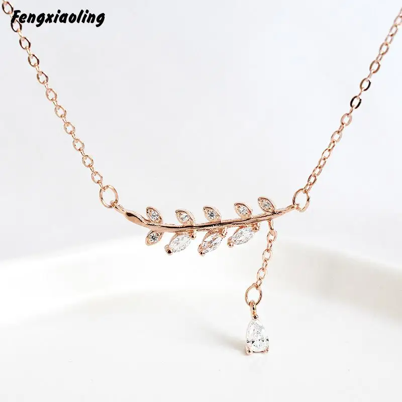 

Fengxiaoling New Fashion 925 Sterling Silver Multiple Zircons Olive Branch Pendant Necklaces For Women Fashion Party Jewelry
