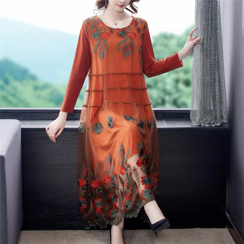 

Autumn New Long Sleeve Dress Mid-Length Large Size Clothing For Women Embroidery Mesh Dress Fashion Hollow Flower Vestidos y370