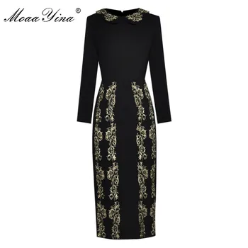 

MoaaYina Fashion Designer dress Spring Autumn Women's Dress Long sleeve Gold Line Embroidery Black Dresses