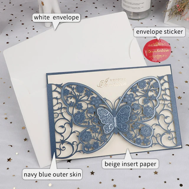 50pcs Butterfly Elegant Laser Cut Wedding Invitation Card Business Greeting Card Customized Wedding Decoration Party Supplies 50sets Blue Cards