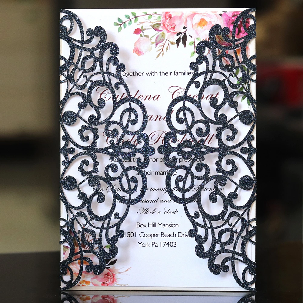  10pcs Gold Blue Silver Glitter Paper Laser Cut Wedding Invitation Card For Wedding Decor Party Supp - 4.0002E+12