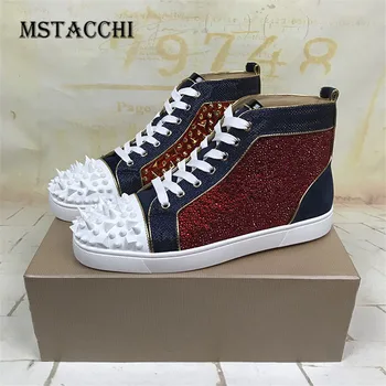 

MStacchi Genuine Leather Men's Vulcanized Shoes Fashion Mixed Colors Sweet Rhinestone Rivet Wearproof High-Top Male Casual Shoes