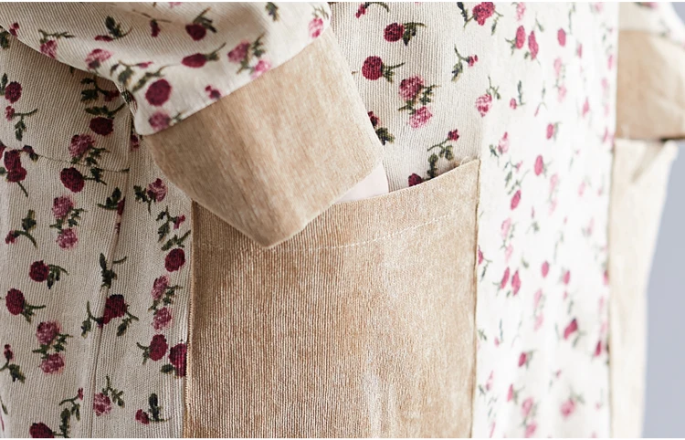 long sleeve Corduroy vintage floral plus size women casual loose midi autumn winter dress elegant clothes ladies dresses