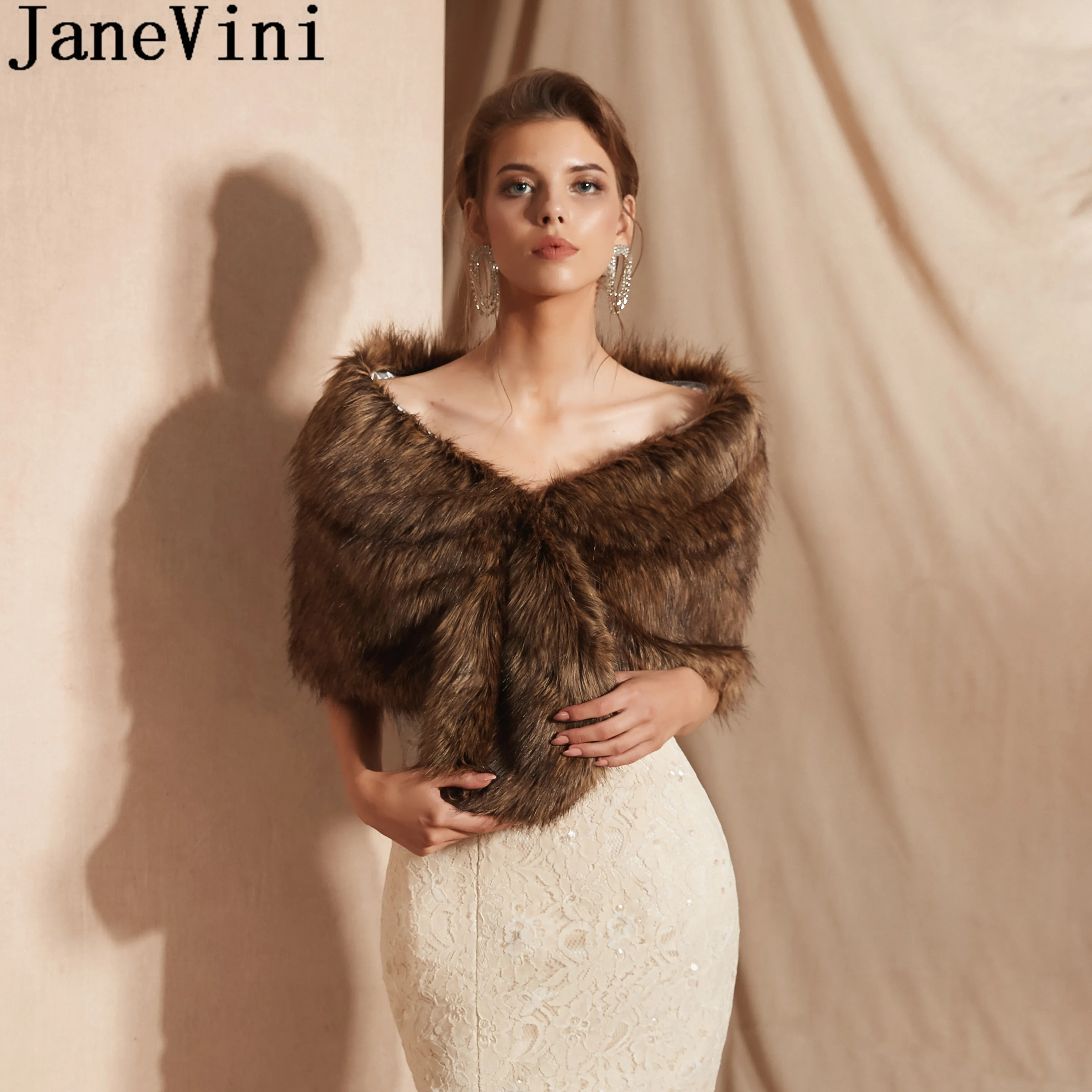 JaneVini Winter Fur Bridal Shawl Party Bolero Wedding Dress Evening Women Capes Shoulder Cover Stoles Adult Faux Fur Wraps 2019