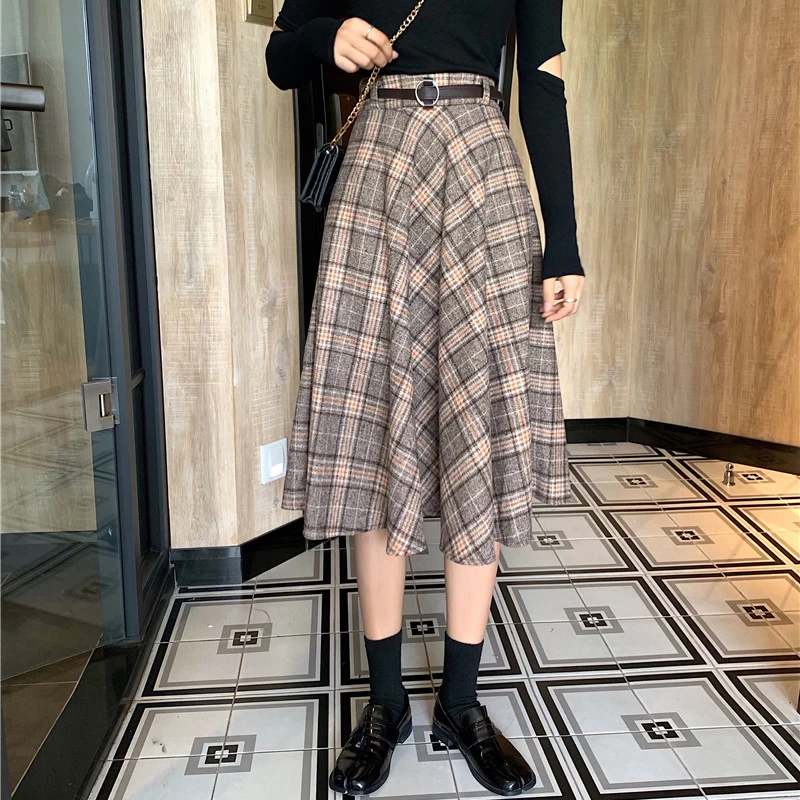 Harajuku длинные юбки женские Осень Зима Высокая талия плиссированная шерстяная клетчатая юбка Уличная Одежда большого размера миди юбка куртка femme