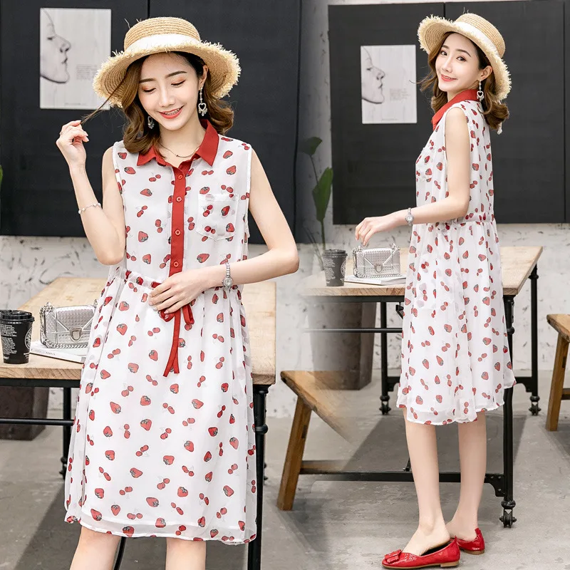 

2019 Pregnant Women Chiffon Skirt Summer Wear New Style Strawberry Printed Sleeveless Lace-up Pregnant Women Dress