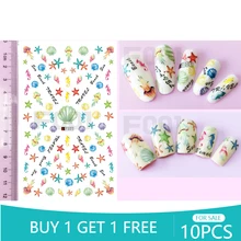 

10PCS Mermaid Starfish Shell Ocean Wind Pattern Color Line Decorative Nail Sticker Nail Slider Decorative Beauty Tool