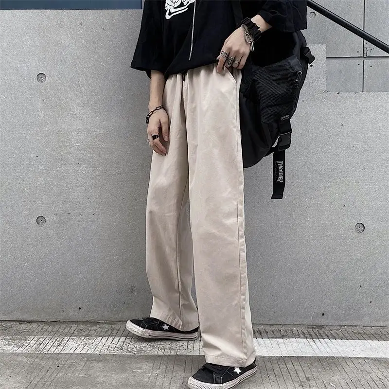 

Korean Straight Pants Men's Fashion Solid Color Casual Pants Men Streetwear Wild Loose Cotton Drawstring Trousers Mens M-XL