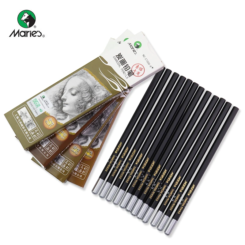 Marie's 6/12pcs Professional Sketch Charcoal Pencil Soft/Medium/Hard/Extra-soft Drawing Charcoal Pens Art Supplies C7300/7360 6