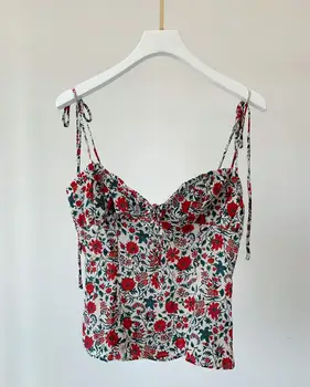 

Floral Print Silk Women's Tank Top Lady Sexy Slim Sing Camis Lace-up Vest Top Wild Stylish 2020 New Summer Holiday Camisole