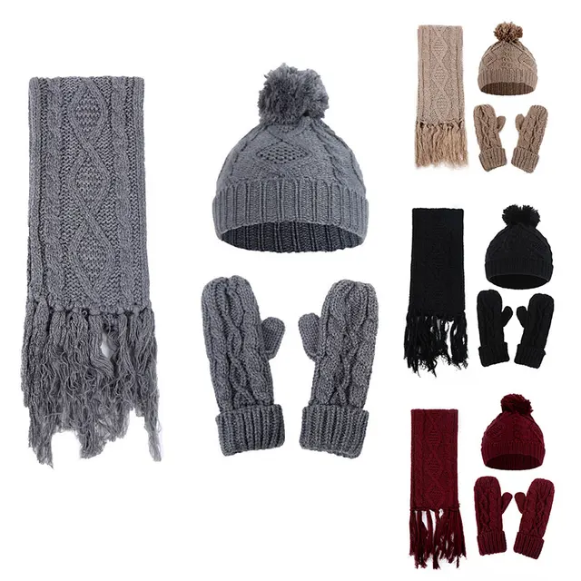 2020 Women Knitted Hat Scarf Gloves Set Pompom Skullies Beanies Cap Rhombus Twisted Winter Warm Thick Soft Three-piece Set