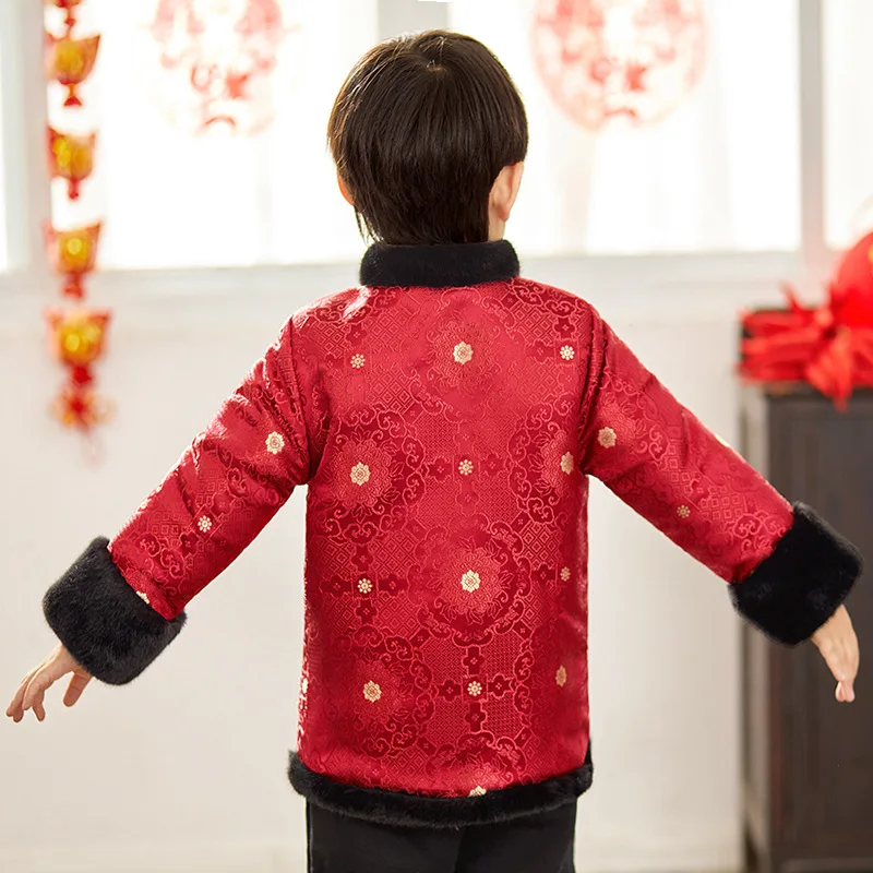 Tang/детский Атласный топ Cheongsam для мальчиков; Утепленные зимние костюмы Qipao из сатина; костюмы для малышей; свадебное китайское платье с длинными рукавами для девочек