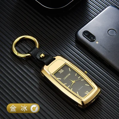 Многофункциональный USB прикуриватель автомобильный брелок со светом и настоящие часы USB Зажигалка с коробкой Прямая - Цвет: gold with box