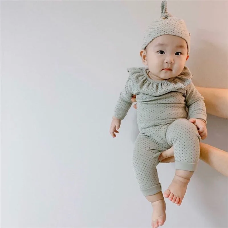 Koop Baby Kleding Set Baby Jongen Meisje Romper + Broek + Hoed + Bib 4 Stuks Kinderen Pak Dot Print Kinderen trainingspak Pasgeboren Baby Home Kleding