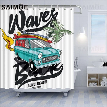 

Old Retro Car Camper Van Shower Curtain Off Road Racing Car Cartoon Bath Curtains Fabric Waterproof Pink Bathroom Decor Screen