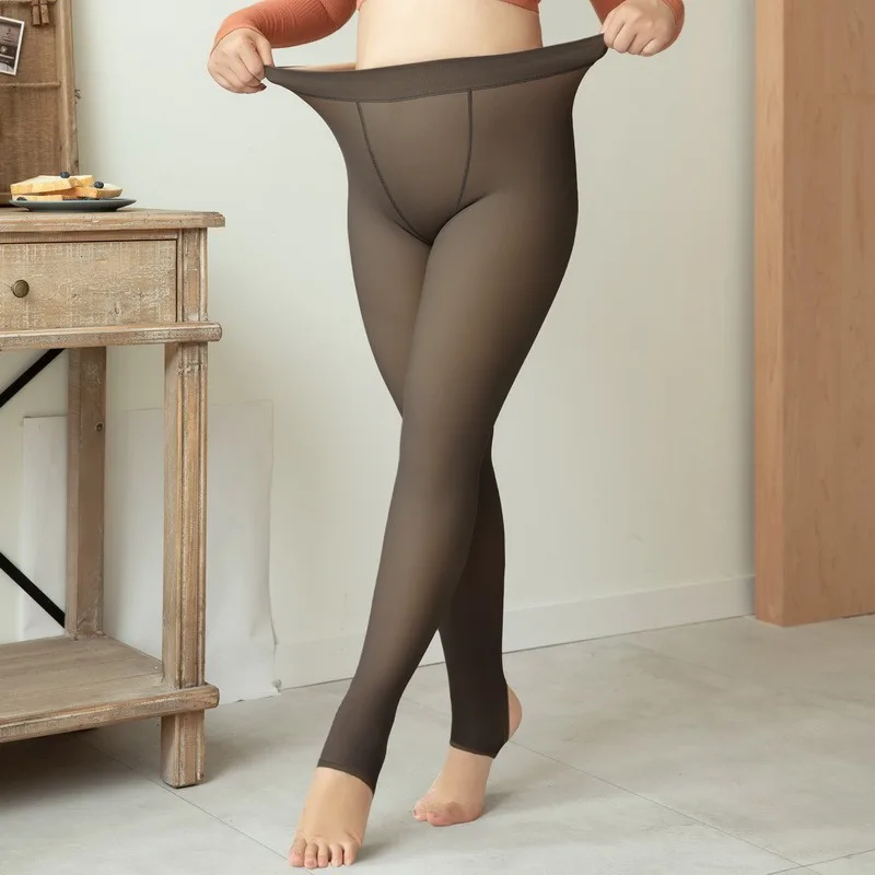 Winter Fake Translucent Leggings Women High Waist Slim Sexy Tight Leggins Elasticity Warm Leggings Female 2021 Large Size 90g