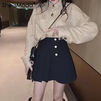 

She'sModa Button Pleated Preppy Style A-Line Suit Fabric Spring Summer Women's Mini Skirt