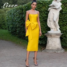 Liser новое летнее сексуальное облегающее платье женское платье без бретелек по колено платье; элегантные туфли в стиле знаменитостей; вечерние лук желтые платья Vestidos