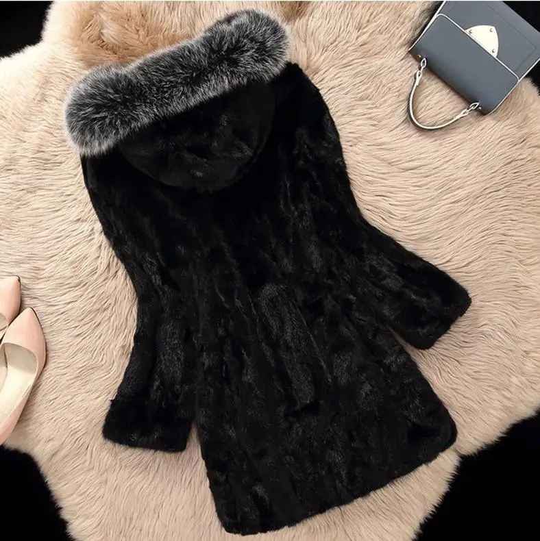 S/6Xl женское длинное черное пальто с капюшоном из искусственного меха размера плюс, повседневная верхняя одежда из искусственного меха большого размера K1222