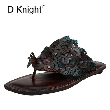 

Genuine Leather Women Shoes Summer Bohemia Peacock Design Beach Sandals Flat Heel Thongs Slippers Flip Flops For Women Handmade