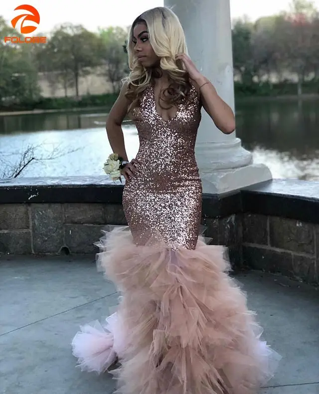 Vestido de gala, сексуальное черное платье русалки для девочек, розовое платье для выпускного вечера,, с блестками, в африканском стиле, с рюшами, с длинным шлейфом, вечерние платья