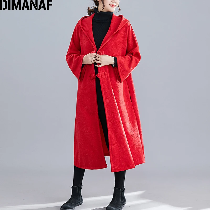 DIMANAF, Женская куртка, пальто, Осень-зима, толстая, Ретро стиль, китайский стиль, женская верхняя одежда, свободный, длинный рукав, с капюшоном размера плюс