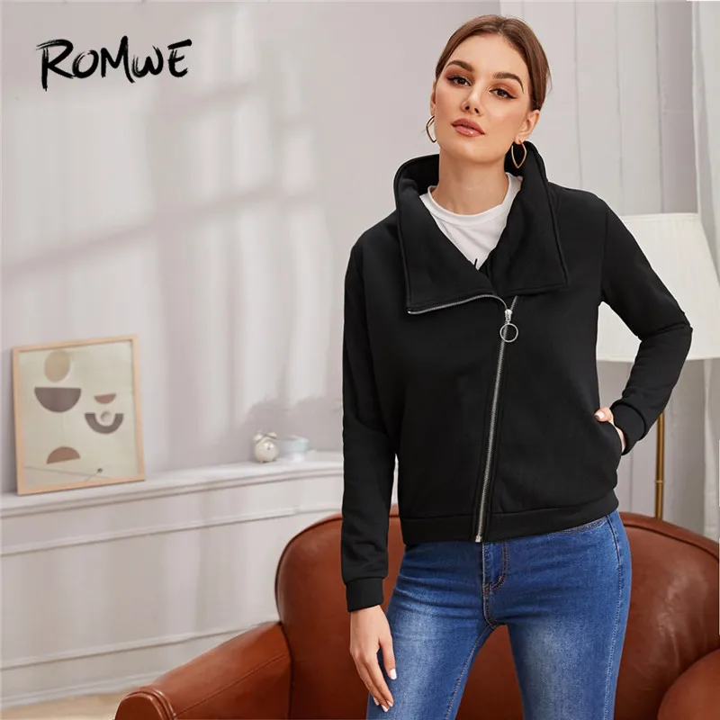 ROMWE велосипедная куртка на молнии с О-образным кольцом, женская повседневная черная куртка на весну и осень, однотонное Женское пальто на молнии с длинным рукавом