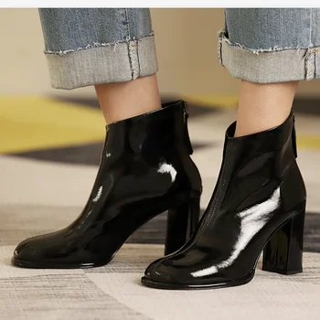 

Genuine Leather Ankle Boots =Women High Heels Zipper Short Ladies Shoes Woman Square Toe Party Wedding Pumps