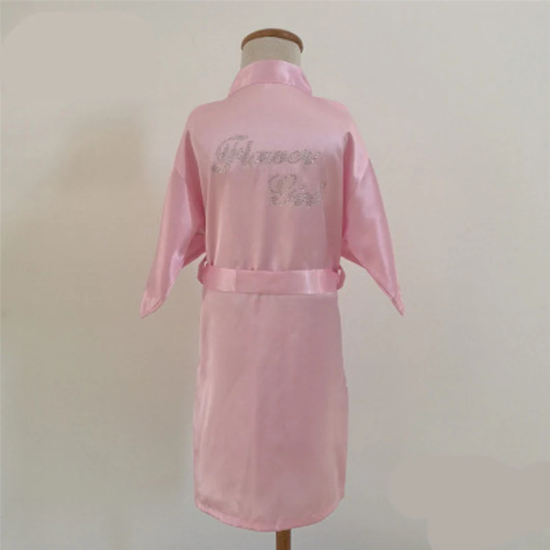 Flower Girl Rhinestones Letter Kimono Satin Silk Kids Robe Children Party Weeding Spa Solid Sleepwear Girls Robes L240