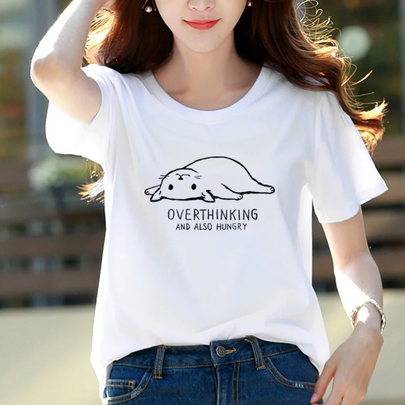 

New Overthinking and also hungry Lovely Cat Letter Print T Shirt Women 100% Cotton O Neck Short Sleeve Summer Casual T Shirt Top