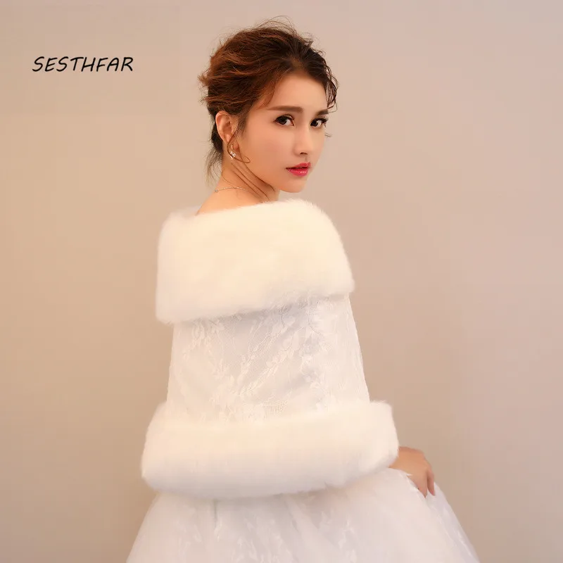 

Wedding Shawl Fur Cape Winter Bridal Cloak Women Bolero Jackets For Evening Dress Faux Fur Bride Shawl Wrap PJ039