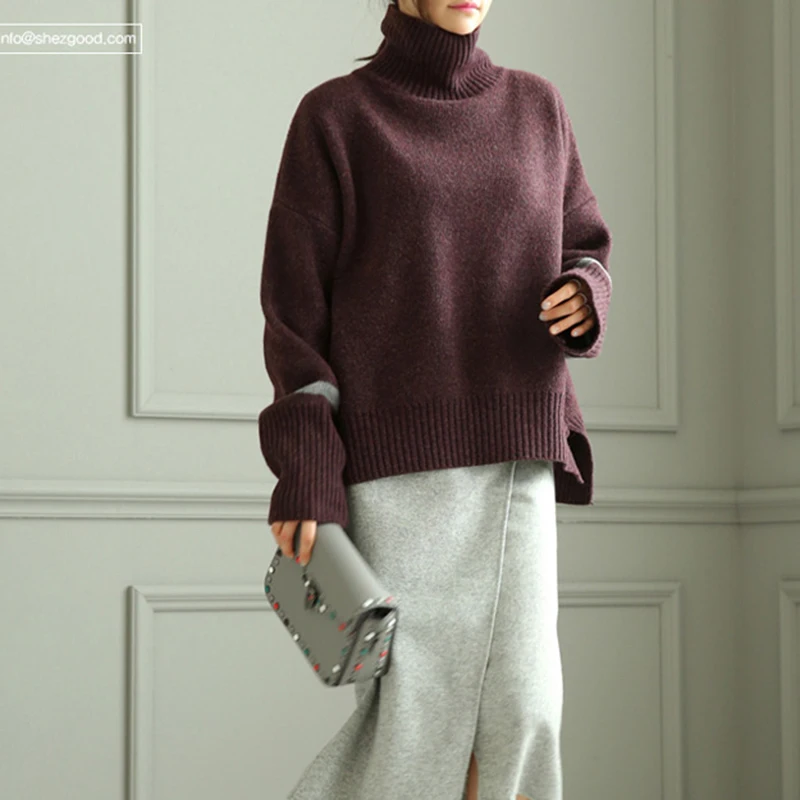 Зимний кашемировый вязаный женский свитер с длинным рукавом, полосатый Свободный теплый свитер с высоким воротом, женские пуловеры размера плюс, корейский джемпер - Цвет: Фуксия