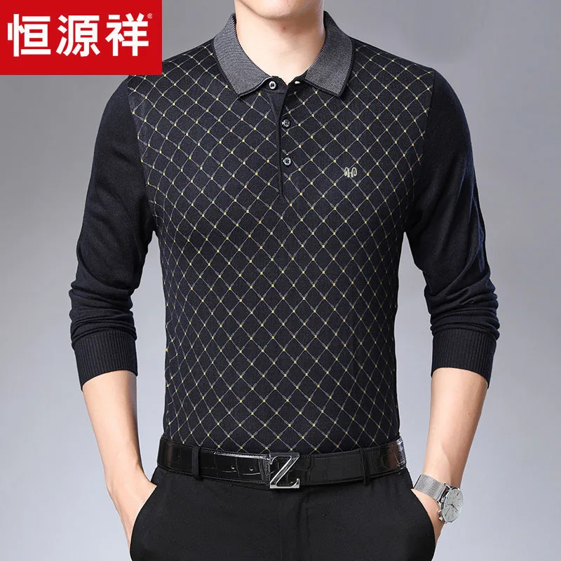 

HYX Genuine Product Autumn New Style Rhombus Middle-aged Fold-down Collar Long-sleeved T-shirt Sweater Base Dad Men's Wear