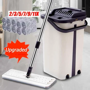 

Flat Squeeze Mop and Bucket Hand Free Wringing Mop Magic Kitchen Floor Cleaning Wet or Dry Usage With Microfiber Pads