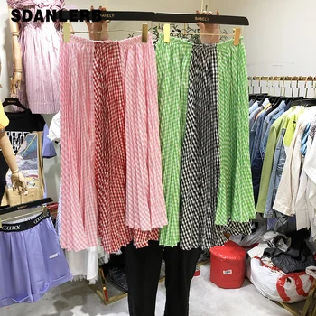 

Summer Skirt Woman High Waist Pleated Slim Color Matching Plaid Skirts Girls Ladies Fashion Skirt Summer Wear