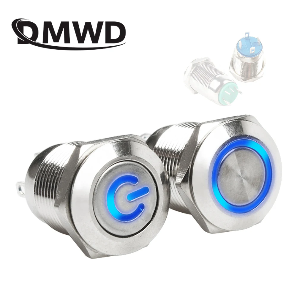 

12mm flat Round head Waterproof Momentary Metal Push Button Switch LED Light Car Horn Auto Reset switches Power Self-Recovery