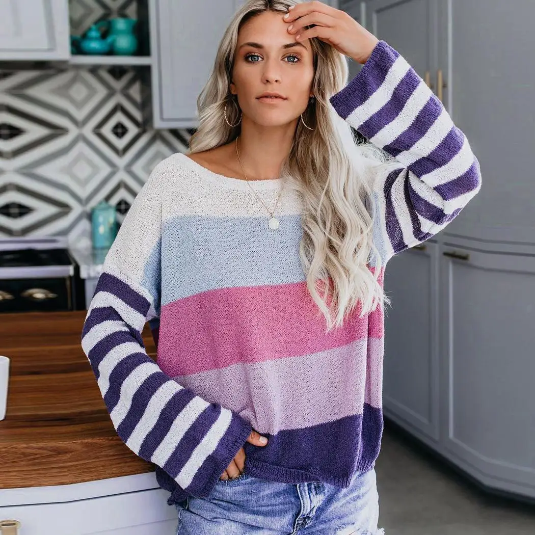 

Women Fashion Swweater Round Neck Long Sleeve Striped Patchwork Multicolor Sweaters Spring Winter Autumn Clothing