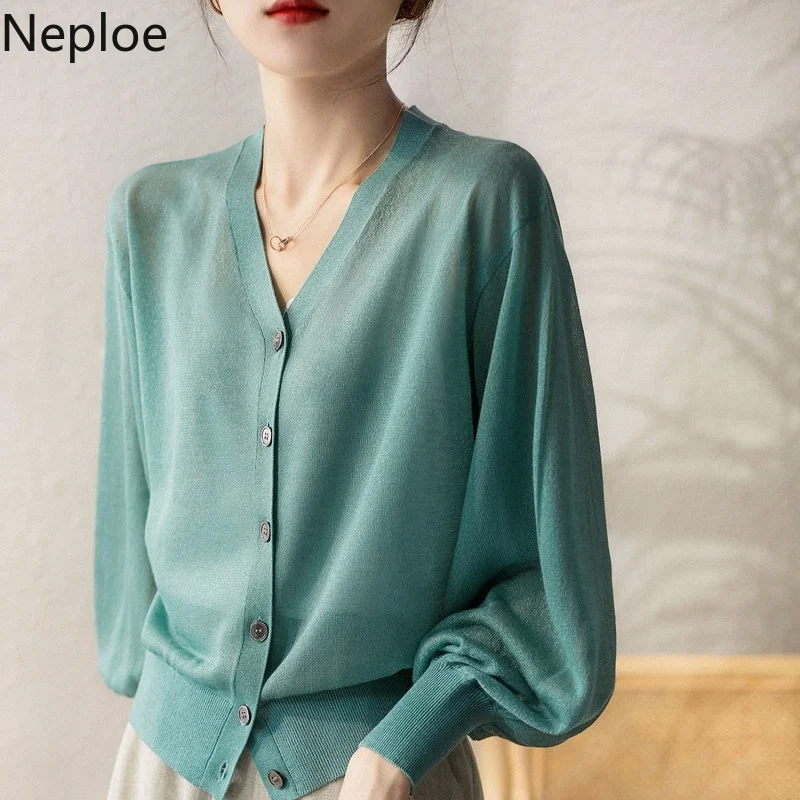Neploe Korean Cardigan Coat Thin See Through Knitted Vintage Sweater V-neck Slim Fit Ice Silk Sueter Tops 2021 Ropa De Mujer |