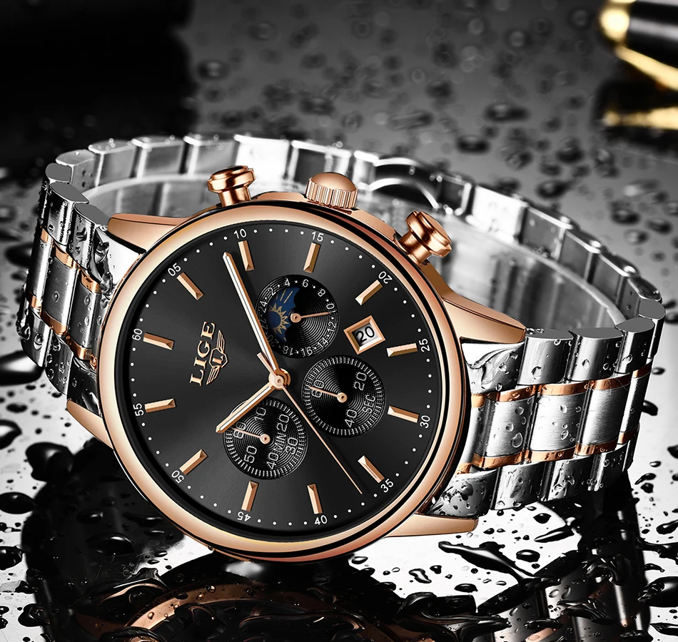 LIGE Moon Phase дизайн синие модные деловые мужские часы, наручные часы Топ бренд класса люкс все стальные Кварцевые Золотые часы Relogio Masculino