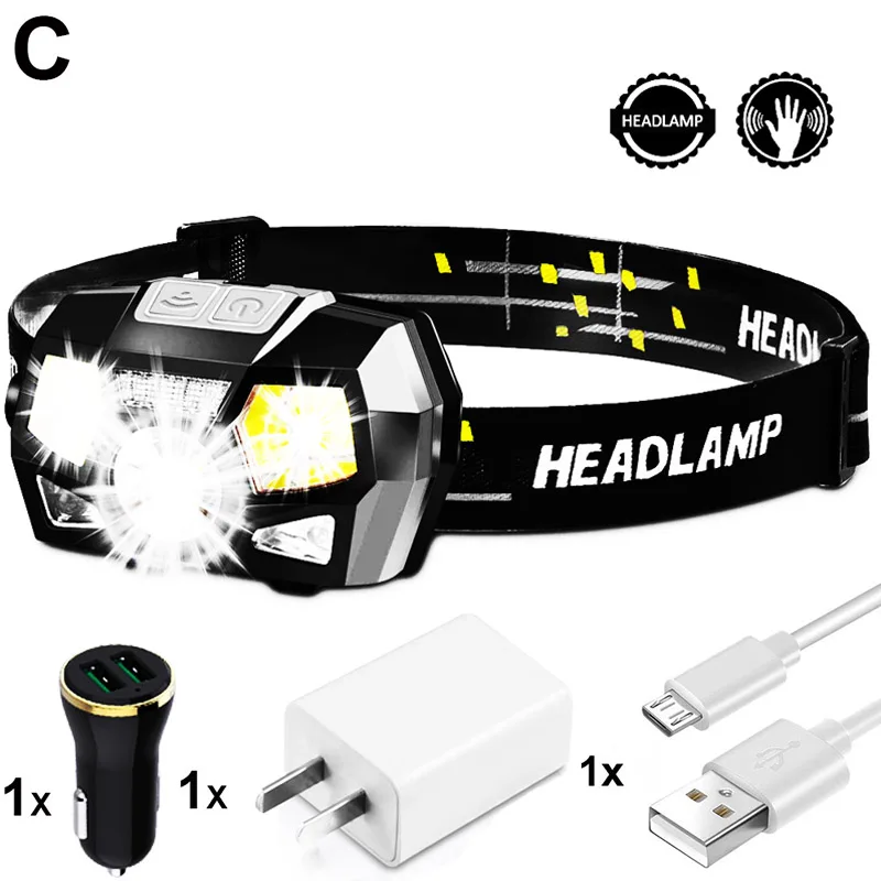 Option C ZK20 COB светодиодный мини налобный фонарь с зарядкой от usb, головной светильник, красный светильник, налобный фонарь с датчиком, головной светильник, фонарь - Испускаемый цвет: Option C