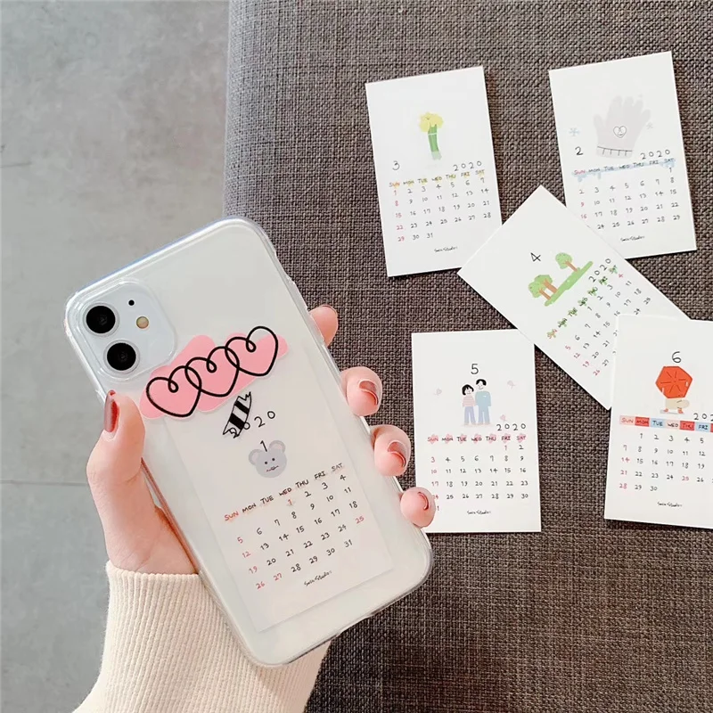 

Calendar card 2020 transparent phone case for iPhone 11 Pro Xs Max Xr X 7 8 6 6S Plus cute art cards love heart back cover funda